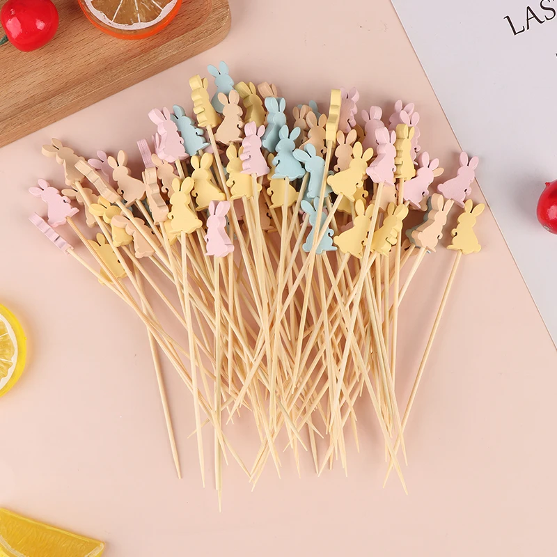 

100Pcs Disposable Bamboo Fruit Forks Easter Rabbit Food Picks Sandwich Buffet Stick Easter Birthday Party Decoration