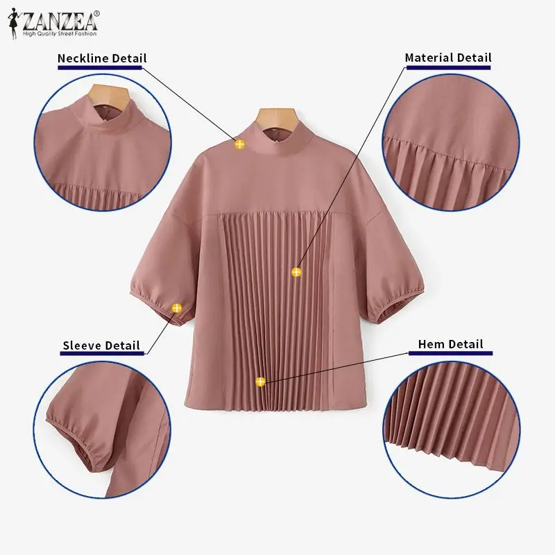 ZANZEA 패션 블라우스 여성 여름 스탠드 칼라 하프 랜턴 슬리브 캐주얼 탑 루즈 셔츠 우아한 오피스 레이디 블라우스 여성