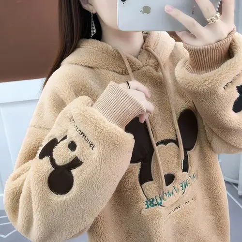 디즈니 미키 마우스 프린트 스웻셔츠, 두꺼운 플러시 안감, 루즈한 한국 패션, 올매치 오버사이즈 카와이 후드티 2