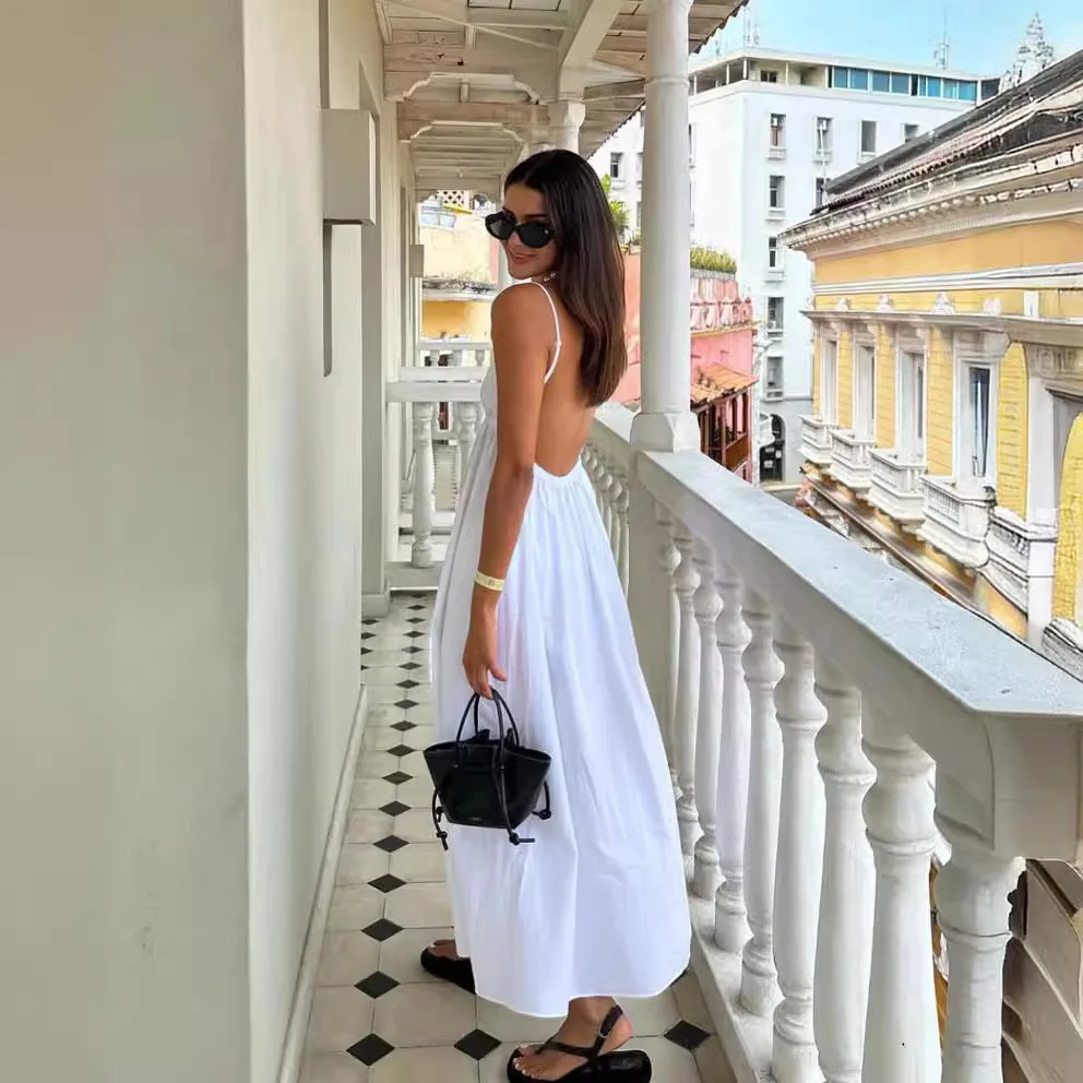Melphieer 2025 Cotton Sling V-neck Backless White Beach Dress Maxi Beach Cover up Woman Swimwear Bikini Tunic Beachwear Outfit 1