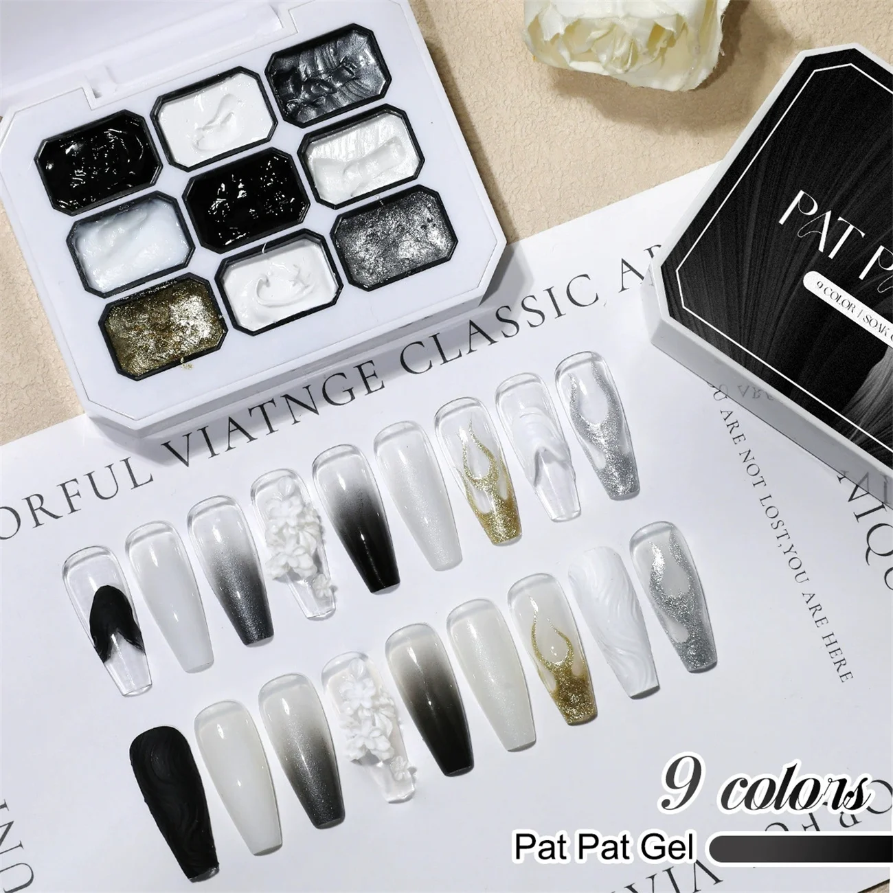 Black & White Nail Art Gel Kit with Nail Care Phototherapy Pen