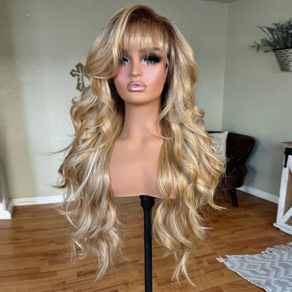Ombre Golden Blonde Women Bangs Wig Rooted Premium Futura Fibre Synthetic Wig Heat Resistant Long Wavy Fringe Hair Natural Look