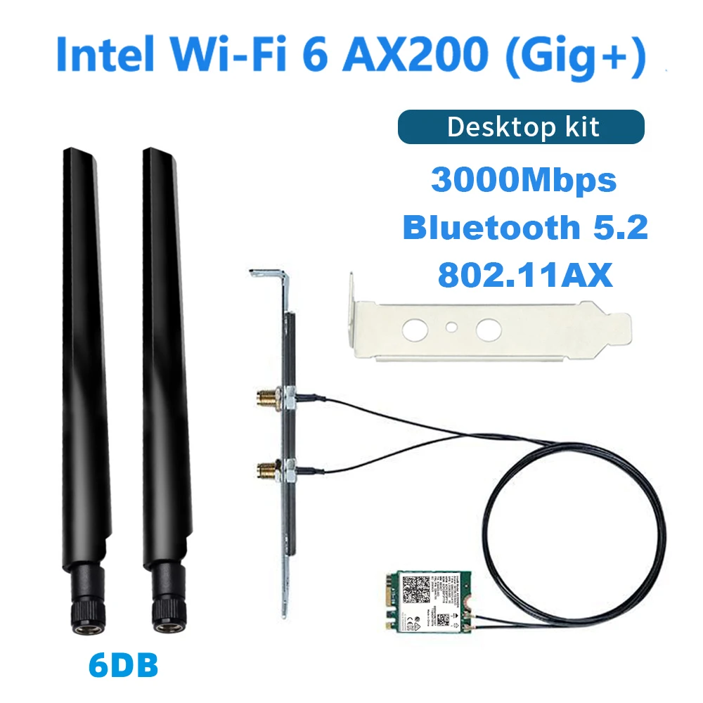 WiFi 6 Adapter 3000Mbps AX200NGW M.2 Interface Dual Band 2.4G/5G Bluetooth 5.2 Desktop Fast Network Card Kit