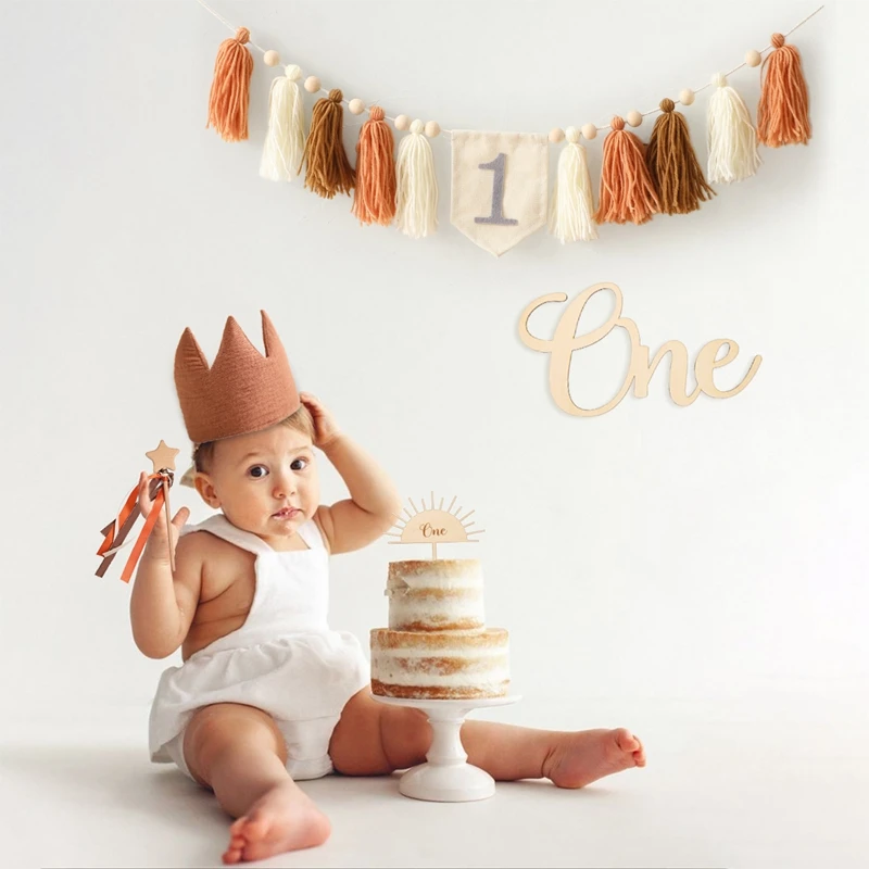Baby alles Gute zum Geburtstag Banner handgemachte Quaste Anhänger erste Junge Mädchen Holz Hochstuhl Girlande Kit Kind rosa Party Hut Set für Geschenke – Detail 7