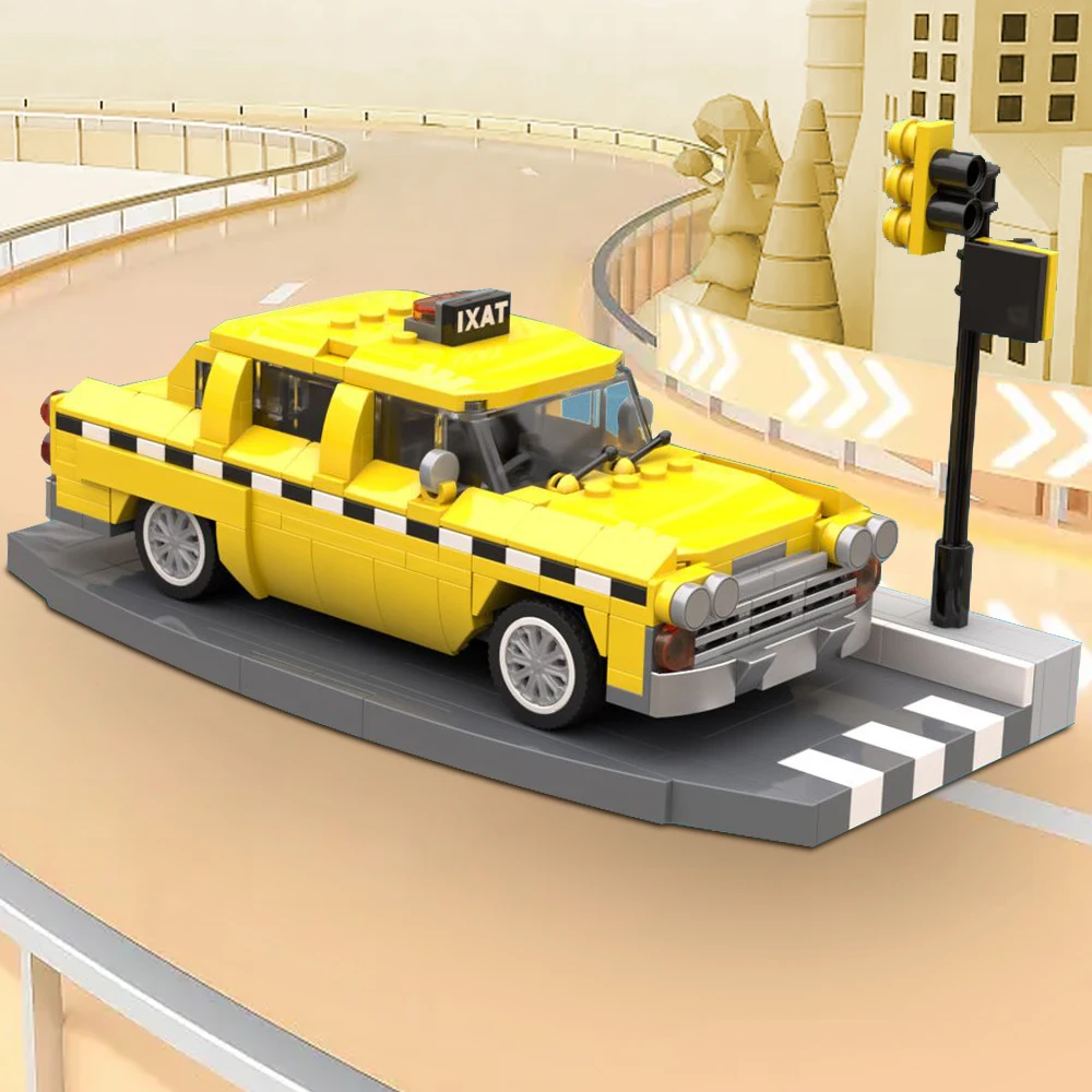 

MOC Checker Cab With Traffic Lights Bricks Cartoon Car Taxi Street View Model Building Block Kids Toys Birthday Christmas Gifts