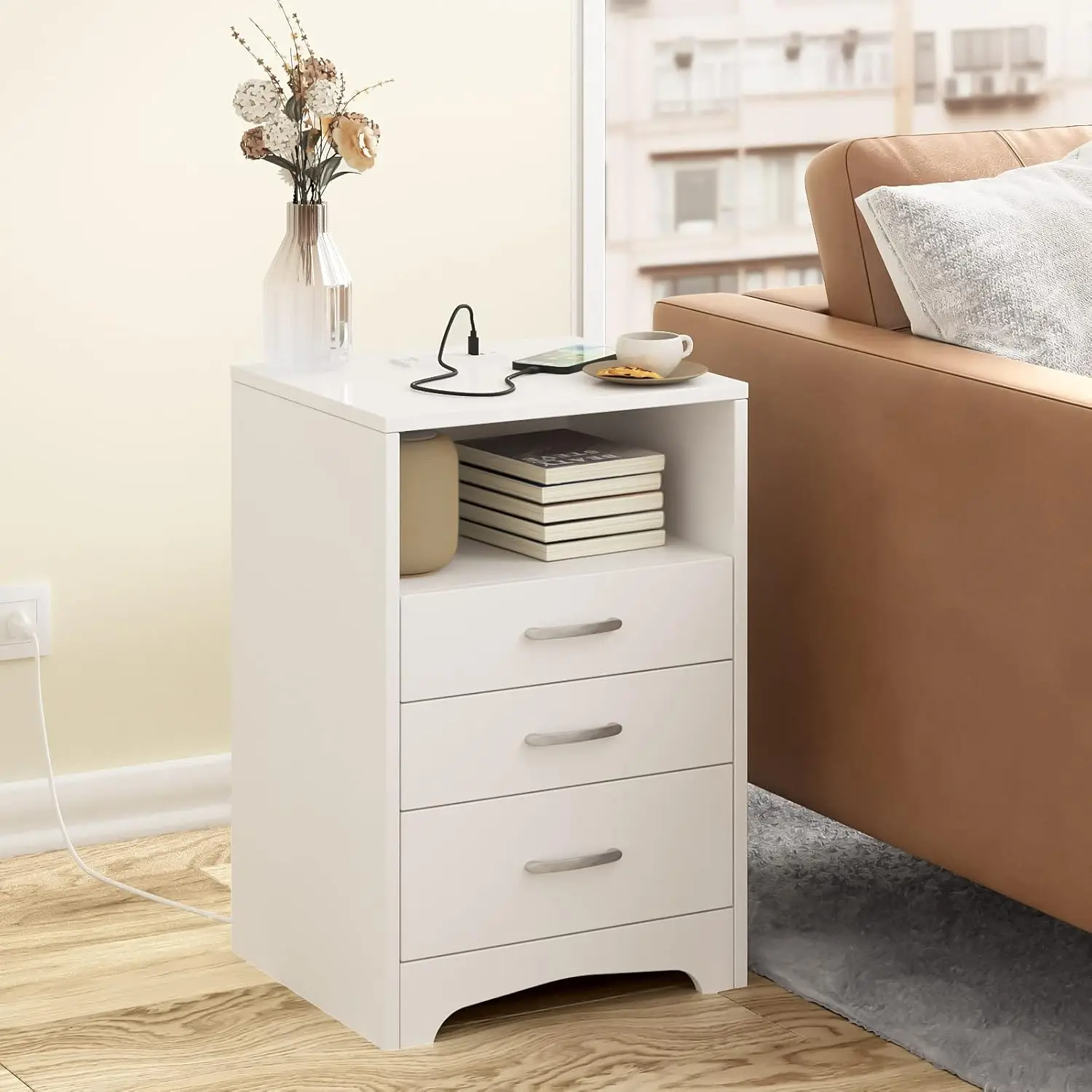 White Nightstand Set of 2 Nightstand with Charging Station, Modern End Side Table with 3 Drawer, Wooden Cabinet Stand by Sofa, B