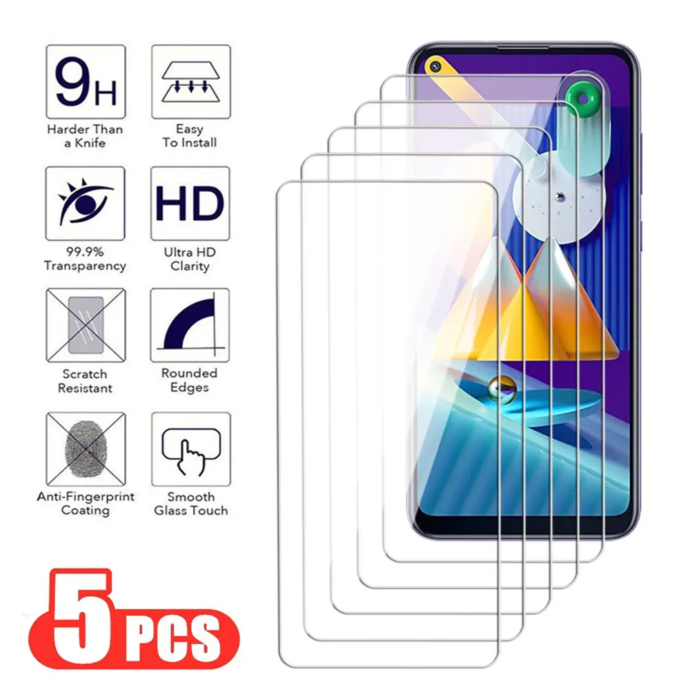 

5Pcs Transparent Tempered Glass For Samsung Galaxy M11 M21 M31 M51 Screen Protector A11 A21 A31 A41 A51 A71 A01 Protective Film