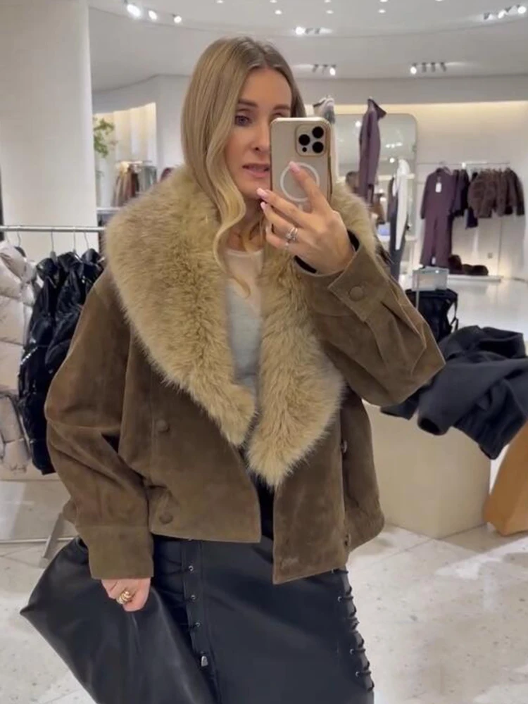 Women Faux Fur Collar Jacket 2025 Autumn Winter Women's Suede Coat Long Sleeve Loose Female Streetwear Casual New Outerwear