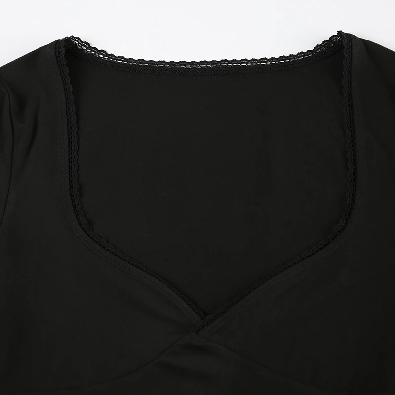 Black Solid Slim Elegant Basic Short Sleeve Tees Lace Trim Cute Y2K V Neck White T Shirts Women Summer Streetwear Tops