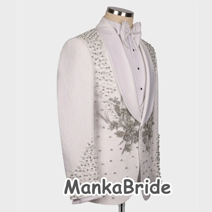 Men Wedding Suits Luxury Wedding Tuxedo Ivory Formal Groom 3pcs Blazer Vest Pants Appliques Crystals Tailored Made Formal Party Suit