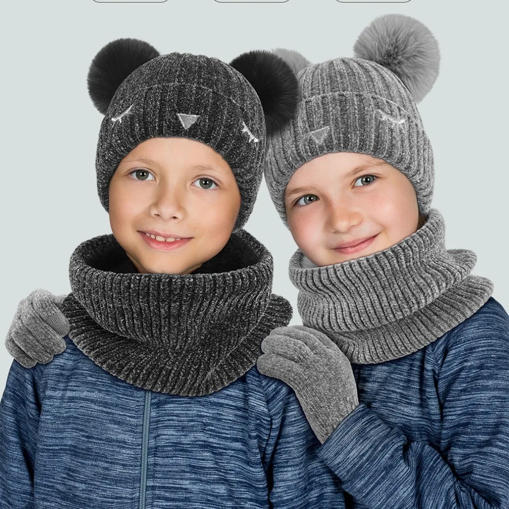 

Winter Warm Hats Scarf Gloves Set Thermal Knitted Kids Hat Scarf Three-piece Set Plush Beanie Snow Kit Children Gifts