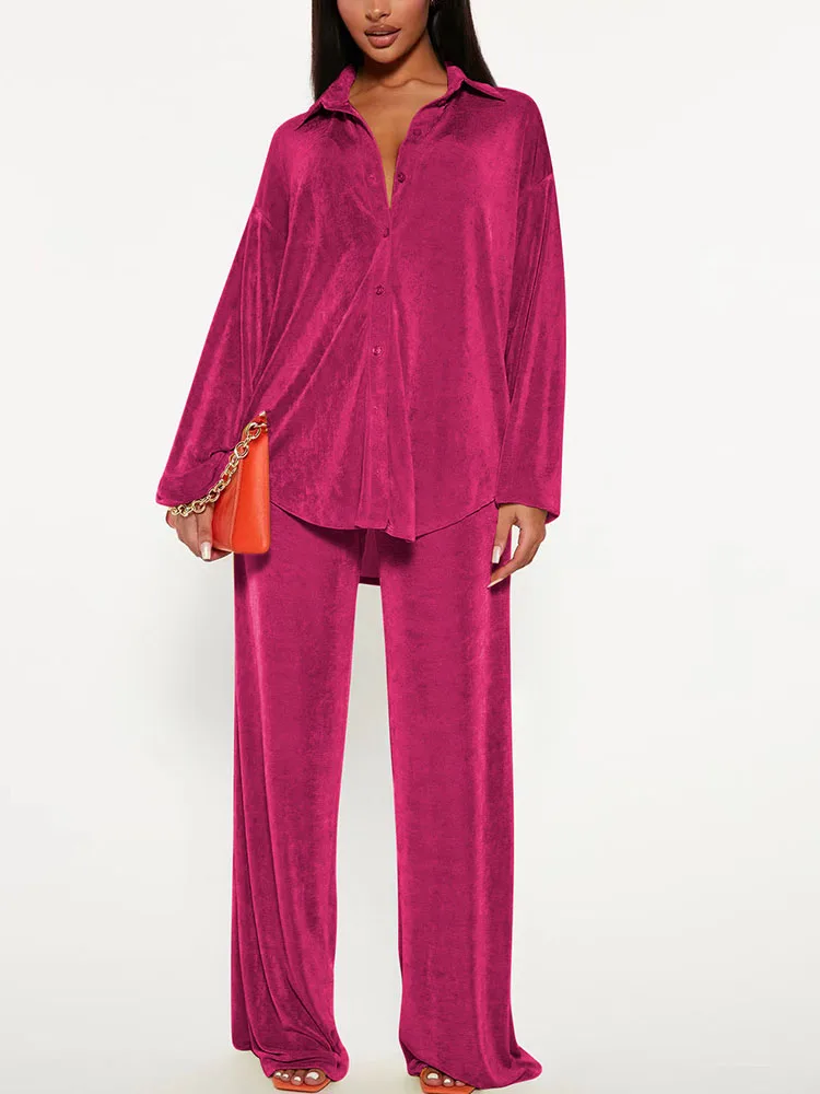 

Однотонные бархатные брюки, Женский комплект из 2 предметов, повседневная одежда, однобортный Топ и широкие брюки, подходящие комплекты, одежда для отдыха