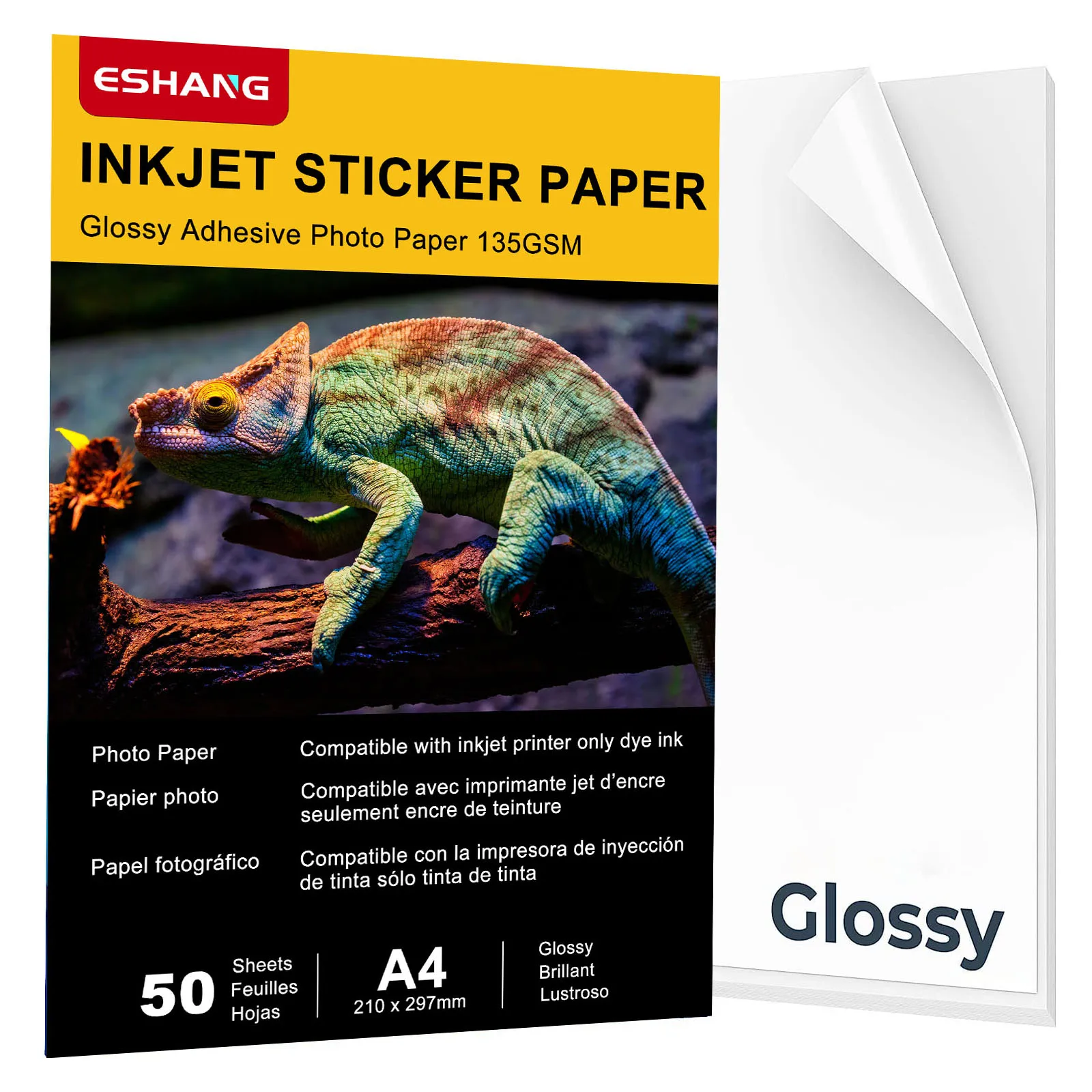 Self-Adhesive Photo Paper A4 Glossy Sticker Paper for Inkjet Printer 8.3 x 11.7 Inch 50 Sheets 135 gsm 36Ib