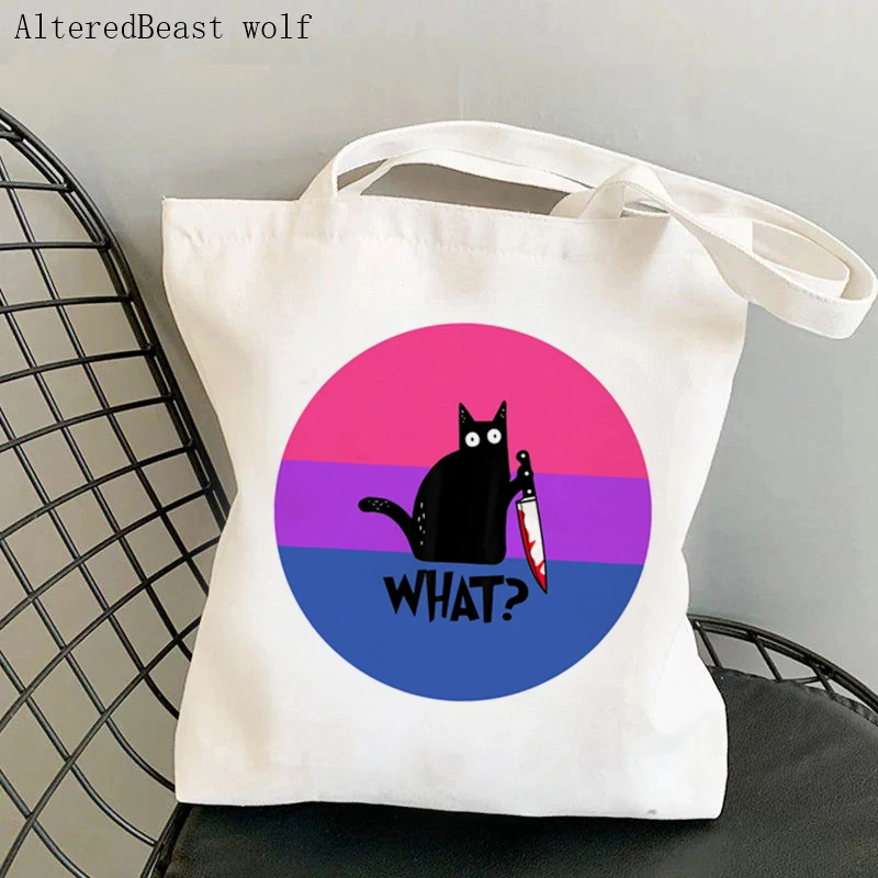 Women Shopper bag Agender halloween cat knife Bag Harajuku Shopping Canvas Shopper Bag girl handbag Tote Shoulder Lady Bag