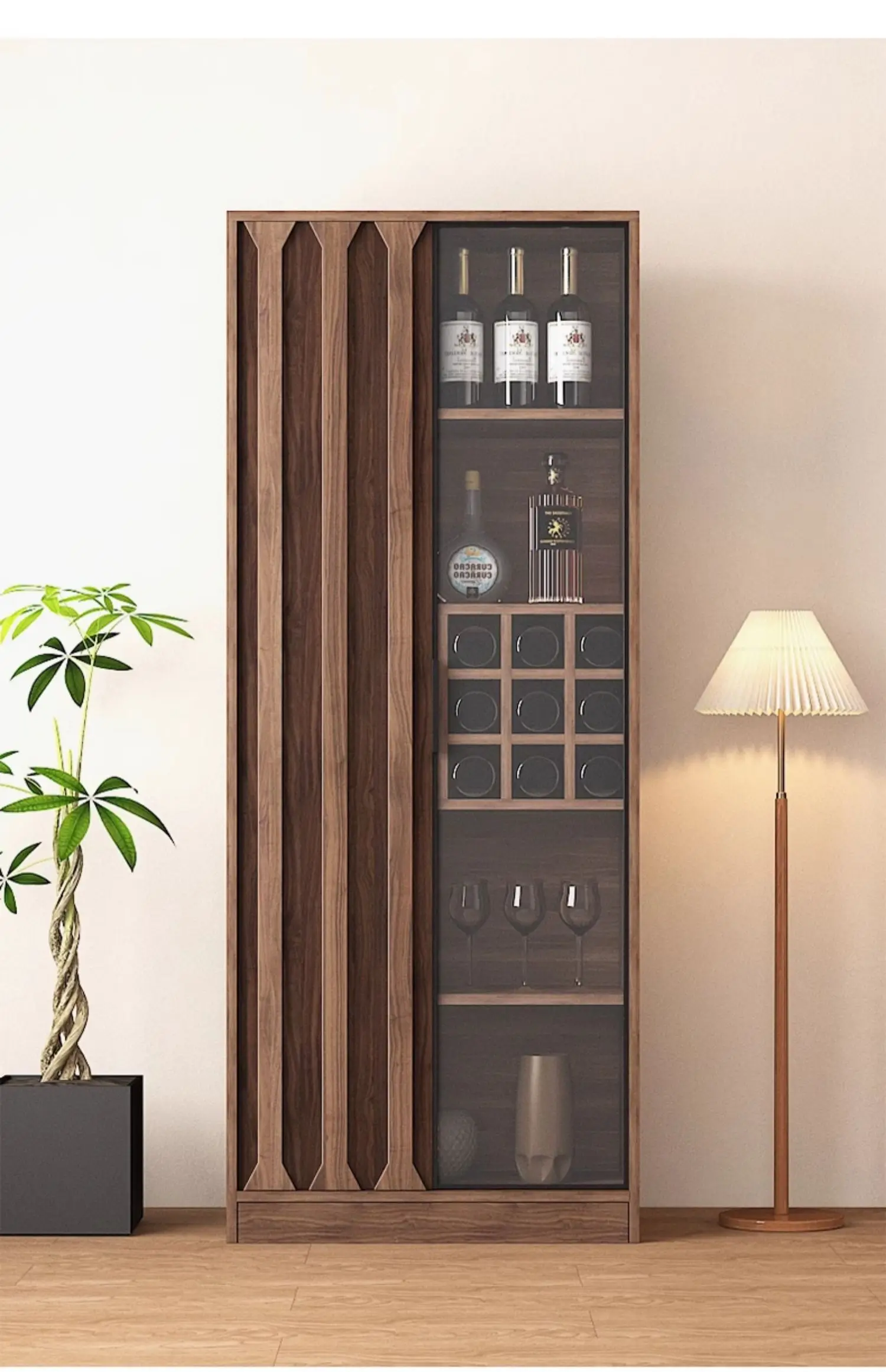 Wine Cabinet Walnut Glass Display Storage Locker Light Luxury Figure Cabinet Living Room Solid Wood Side