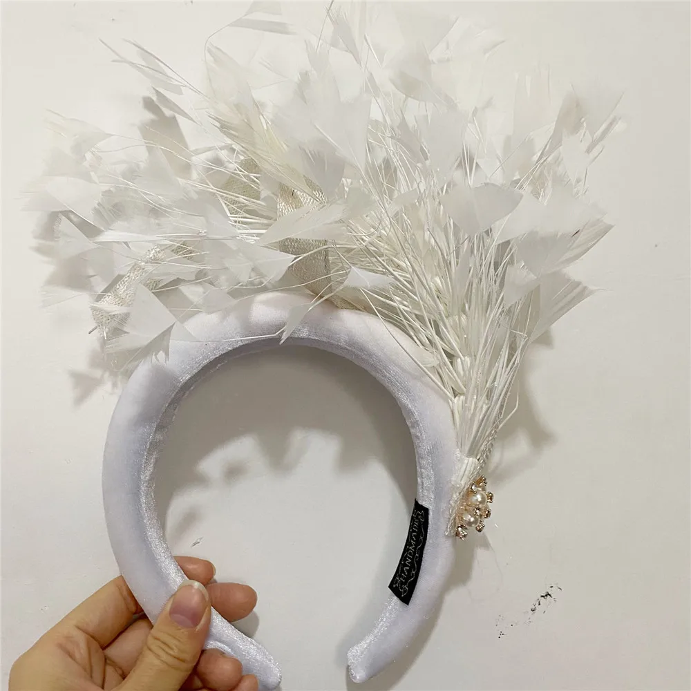 Fashion Wedding Bride Headband Headwear Fancy Feather Hair Band Millinery Hair Accessories With Peals Decor Accessories