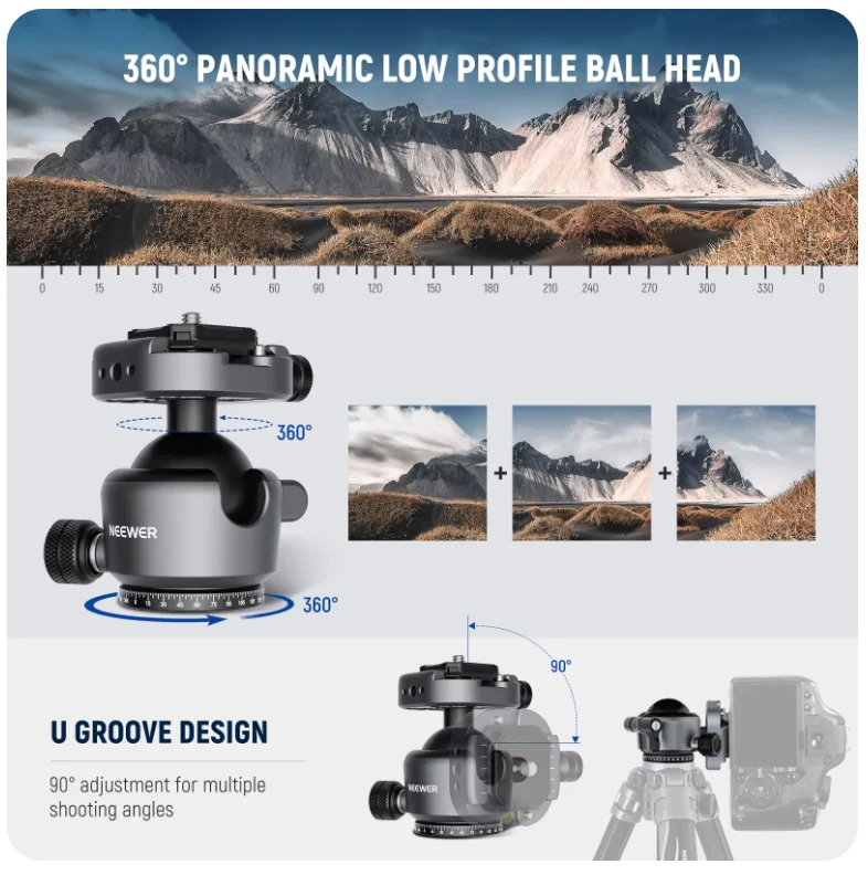 NEEWER GM41 Low Profile Tripod Ball Head 40mm Metal Panoramic Camera Mount Adapter with 1/4" Arca Plate For Peak Capture Camera