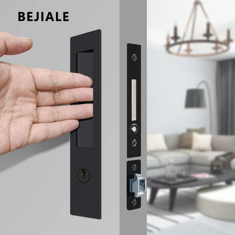 Press Spring Pocket Door Lock Built-in Pocket Door Handle Spring Lock Hardware Shift Sliding Hidden Latch