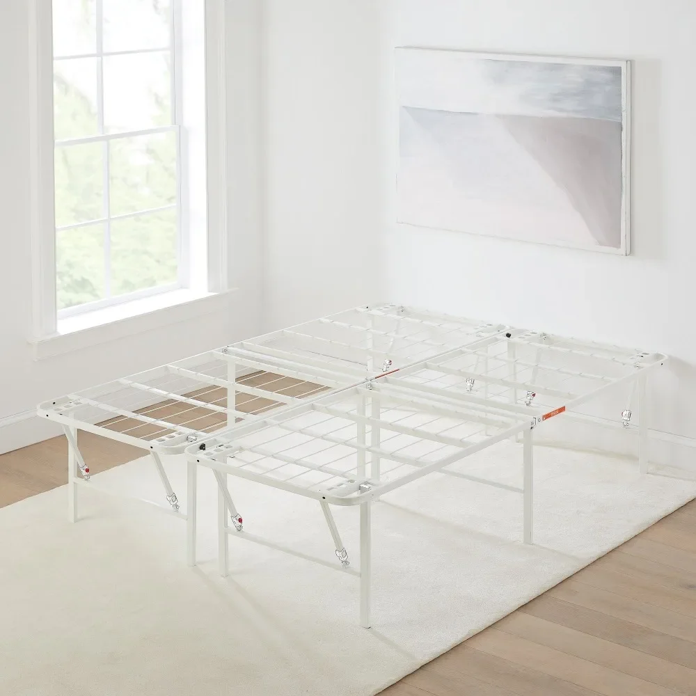 

4" High Profile Foldable Steel Queen Platform Bed Frame, White Bedroom Furniture
