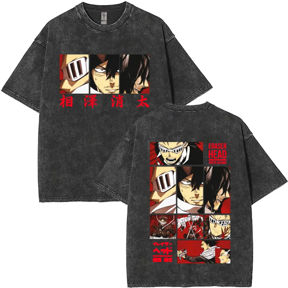 Gewaschenes Vintage Anime My Hero Academia T-Shirt Eraser Head Aizawa Shouta T-Shirt Herren Baumwolle Lässiges Oversize T-Shirt