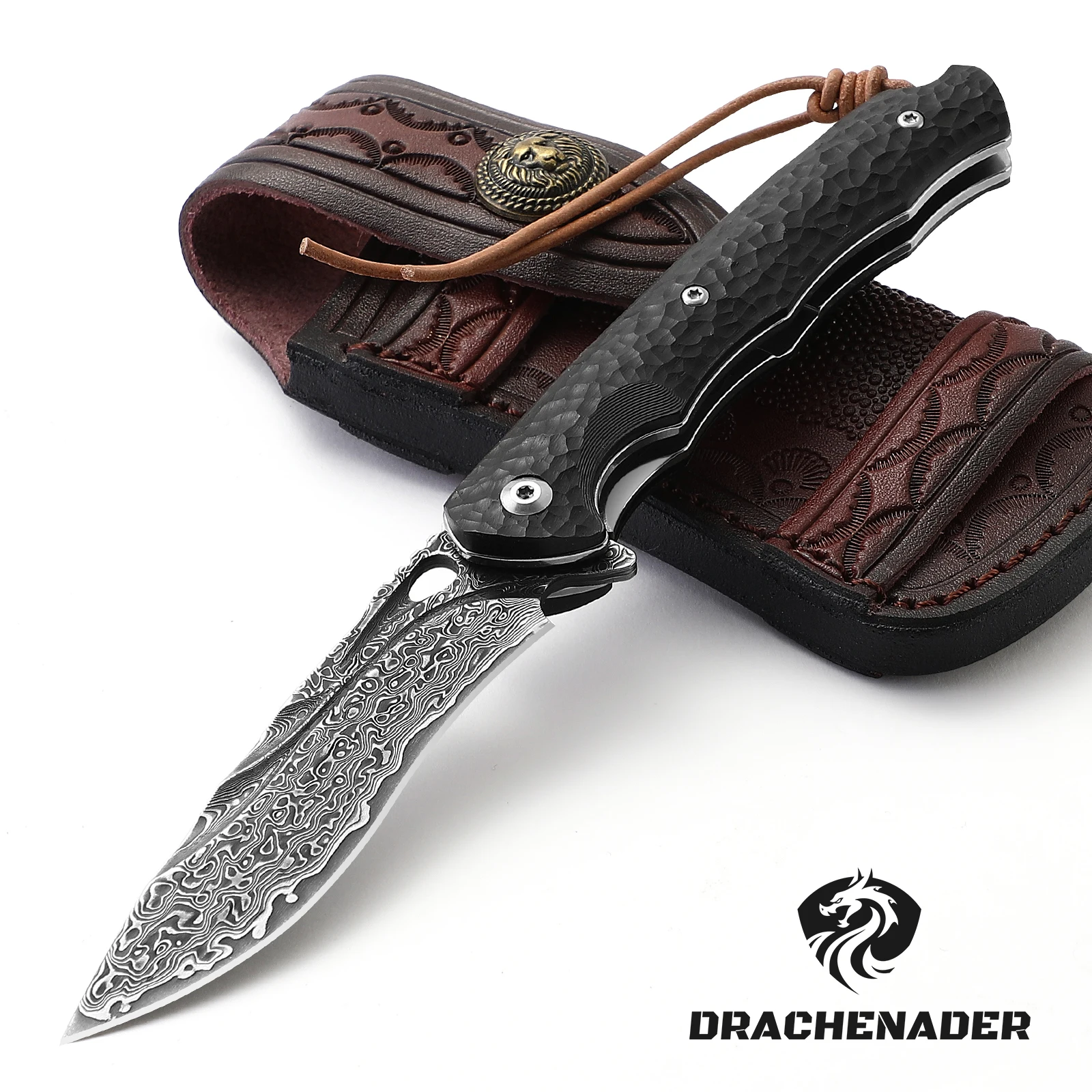 Coltello Pieghevole Drachenader Damasco Con Guaina/Clip, Coltelli Da Caccia Tattici Di Sopravvivenza Edc Per Uomo, Coltello Da Tasca Con Anima In Acci