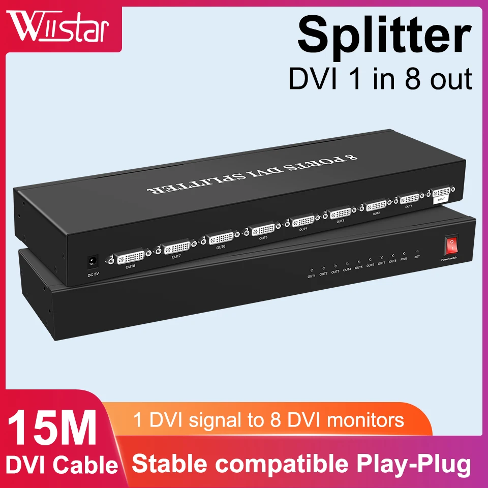 Dvi Splitter 1X8 Dvi 1 In 8 Out 8 Porte Dvi Distribuzione Duplicatore Splitter Supporta Risoluzione Fino A 1080P Per Otto Schermi Divisi