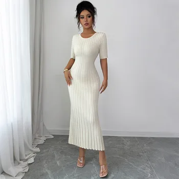 Women's Dress Fashion Classic Spring Summer Solid Color Versatile Dress Date Banquet Elegant Ladies Half Sleeve Knitted Dress 1