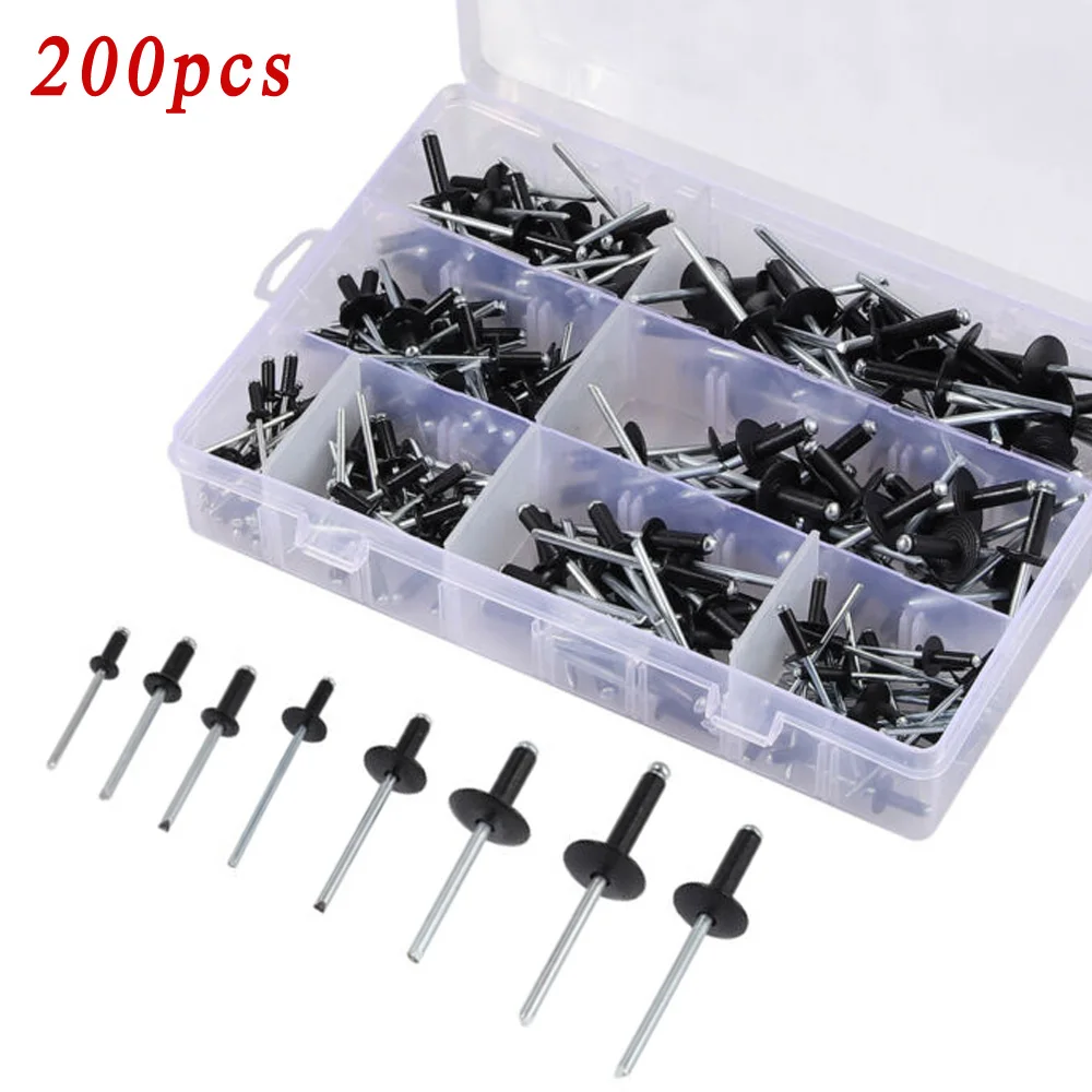 

200pcs/Set Assorted Black Rivets Standard & Large Flange Aluminum Alloy 8-18mm Large Cap Pop Open Hollow Blind Rivets Leaf Bolt