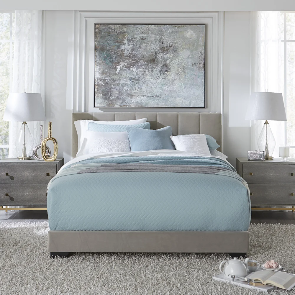 Reece Channel Stitched Upholstered Queen Bed, Platinum Grey, By Hillsdale Living Essentials  Twin Bed Frame Bedroom Furniture