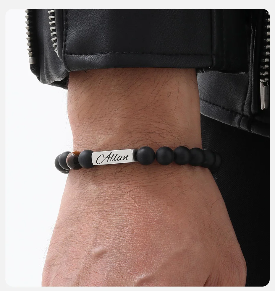 Vnox Kostenlose personalisierte Namensarmbänder (Vorderseite) für Männer, Papa, Tigerauge-Perlenarmbänder mit schwarzen Steinen, verstellbares klassisches Geschenk – Detail 4