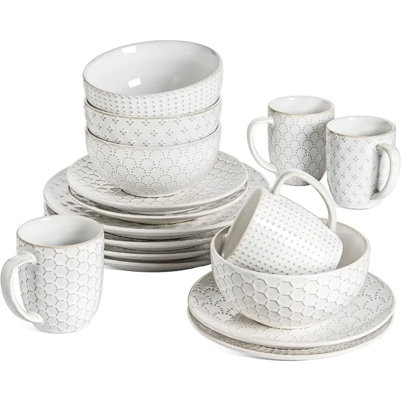 Dinnerware Sets 12 PCS, Ceramic Plates and Bowls Set (10" Dinner Plate + 8" Salad Dish + 26 oz Cereal Bowl) x 4, Oven safe
