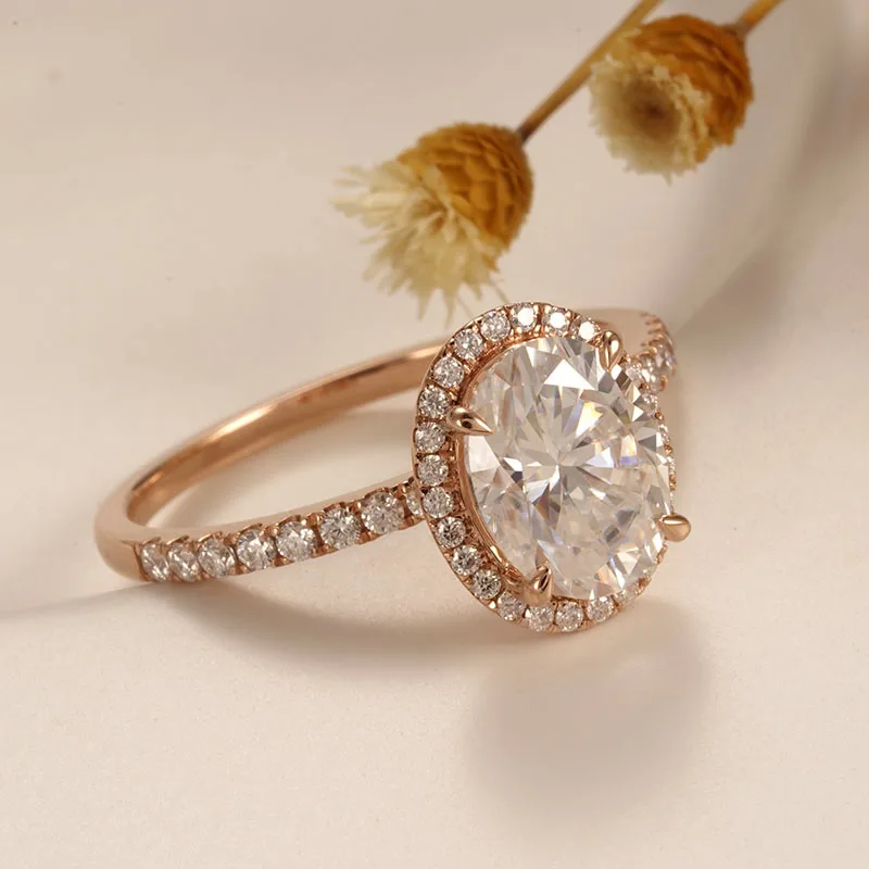 CxsJeremy 14K Au585 Rose Gold 2ct 7x9mm Oval Cut DEF Color Moissanite Engagement Ring Halo Style Wedding Band Anniversary Gift - Image 5