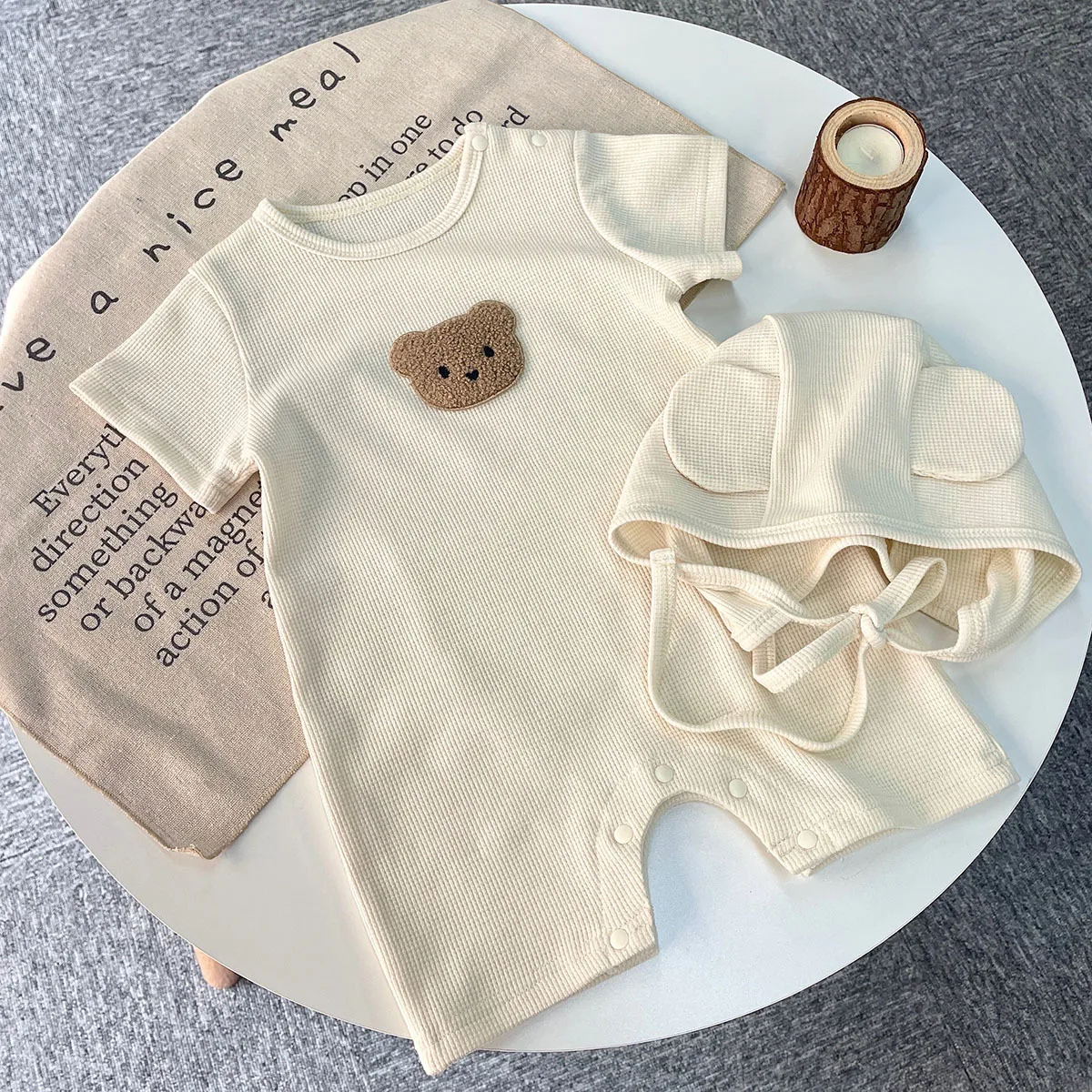 New In Summer Kids Baby Girls Boys Short Sleeve Waffle Patch Bear Infant Newborn Jumpsuits Cotton Romper Gift Hat with Ear