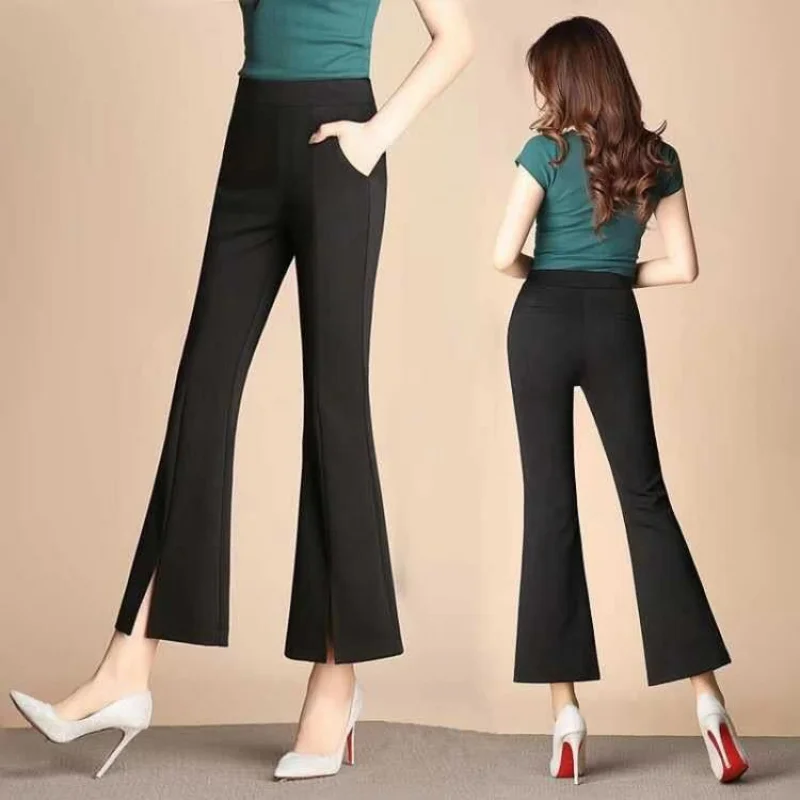 Temperament Simple Korean Black High Waist Slim Flare Pants Women's Autumn New Lace Split Pockets Slim Casual Straight Trousers