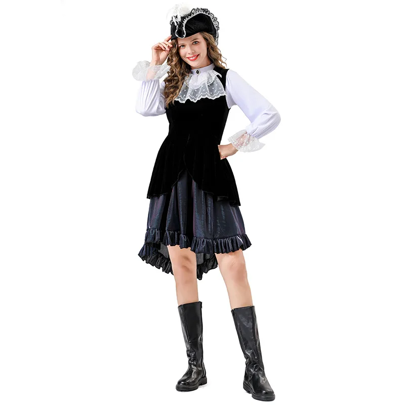 Women Black Sea Sexy Pirate Costume Halloween Girl Student Cosplay Pirate Uniform Masquerade Caribbean Captain Hat Dress Outfit