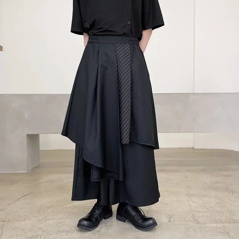 Mens Wide Leg Pants Striped Patchwork Streetwear Elastic Waist Irregular Skirts Trousers Loose Punk Japanese Dark Fighter Pants wide leg pants