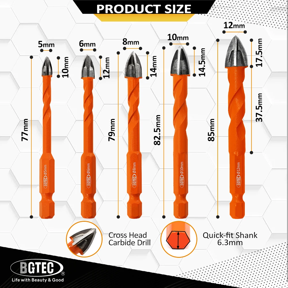 BGTEC 다목적 크로스 팁 카바이드 드릴 비트 5/10PCS 퀵 체인지 섕크 드릴링 목재 플라스틱 대리석 콘크리트 세라믹 타일