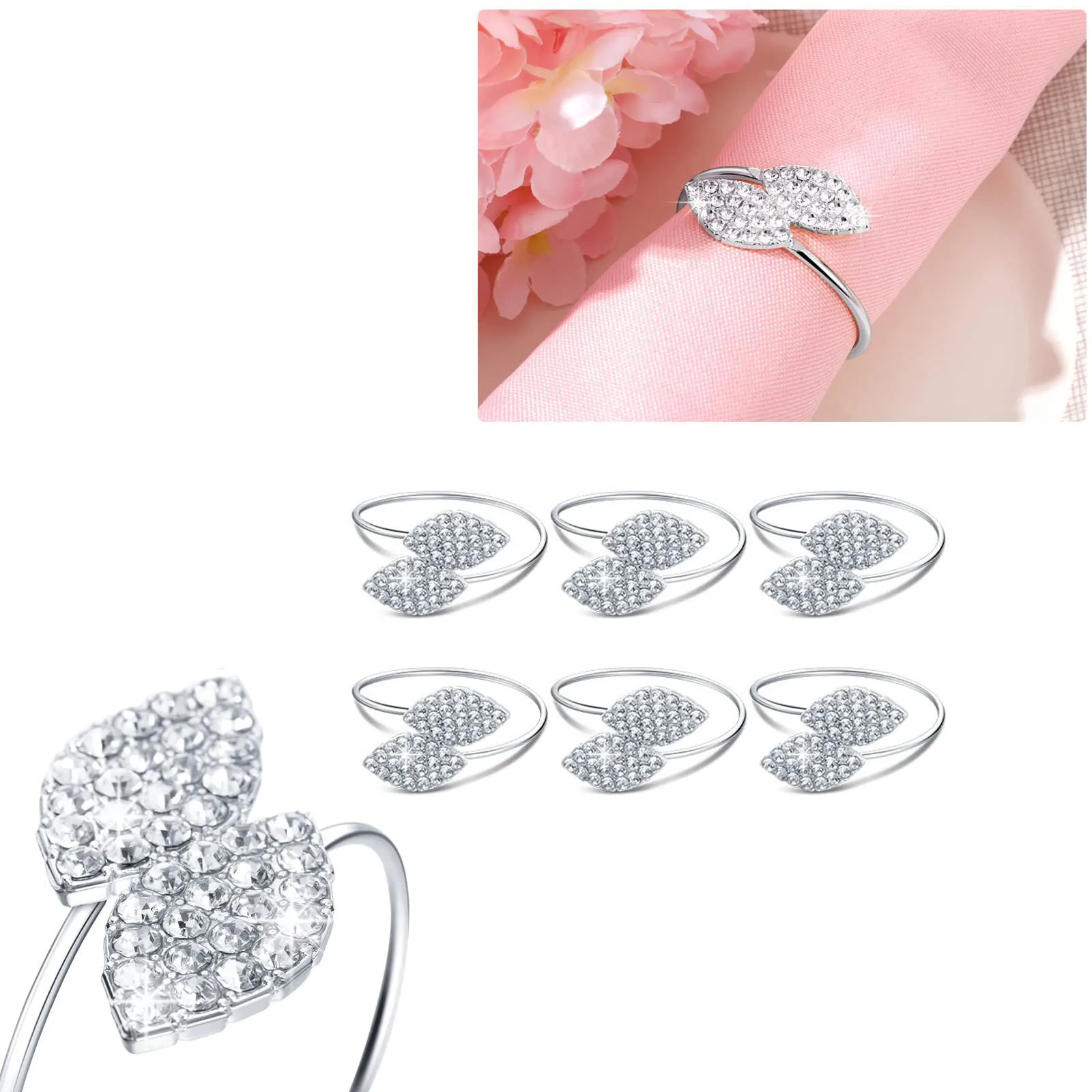 

Metal Leaves Napkin Holder, Rhinestone Buckle, Table Decoration, Wedding, Set of 6