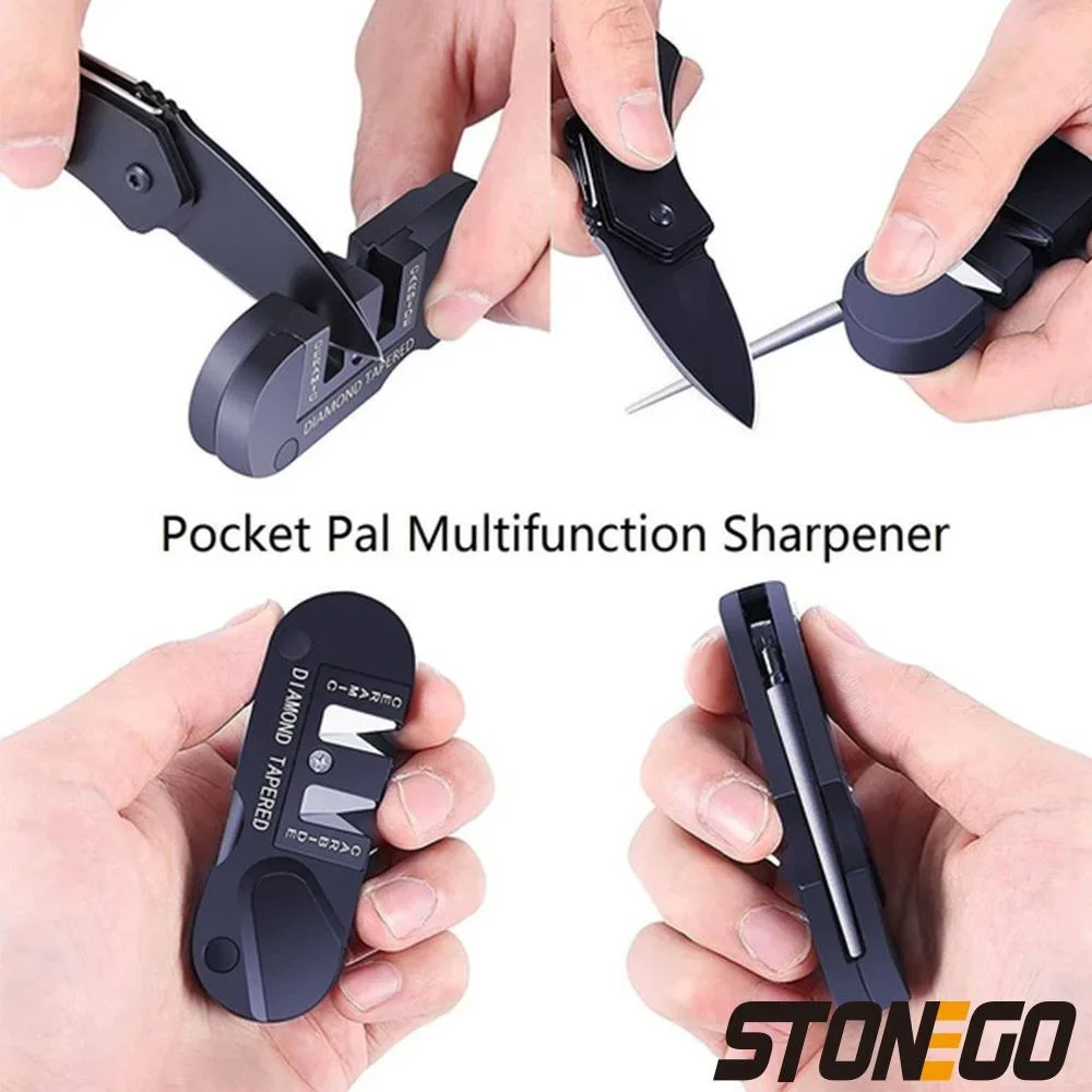 Knife Sharpener Multifunction Pocket Knife Sharpener 4 In 1 Foldable Sharpening Stone with 3 Stages Ceramic & Carbide & Diamond Tapered