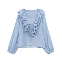 Zevity Women Fashion Long Sleeve V Neck Tierred Ruffles Loose Blouse Female Solid Color Casual Shirts Blusas Chic Tops LS6317 - Image 4