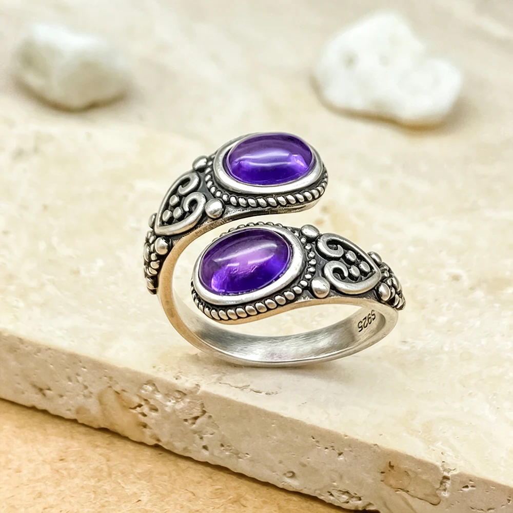 Vintage 925 Silver Ring with Natural Amethyst 6*8mm Adjustable Rings Flower Carved Stamping Bohemia Style Fine Jewelry for Women 2
