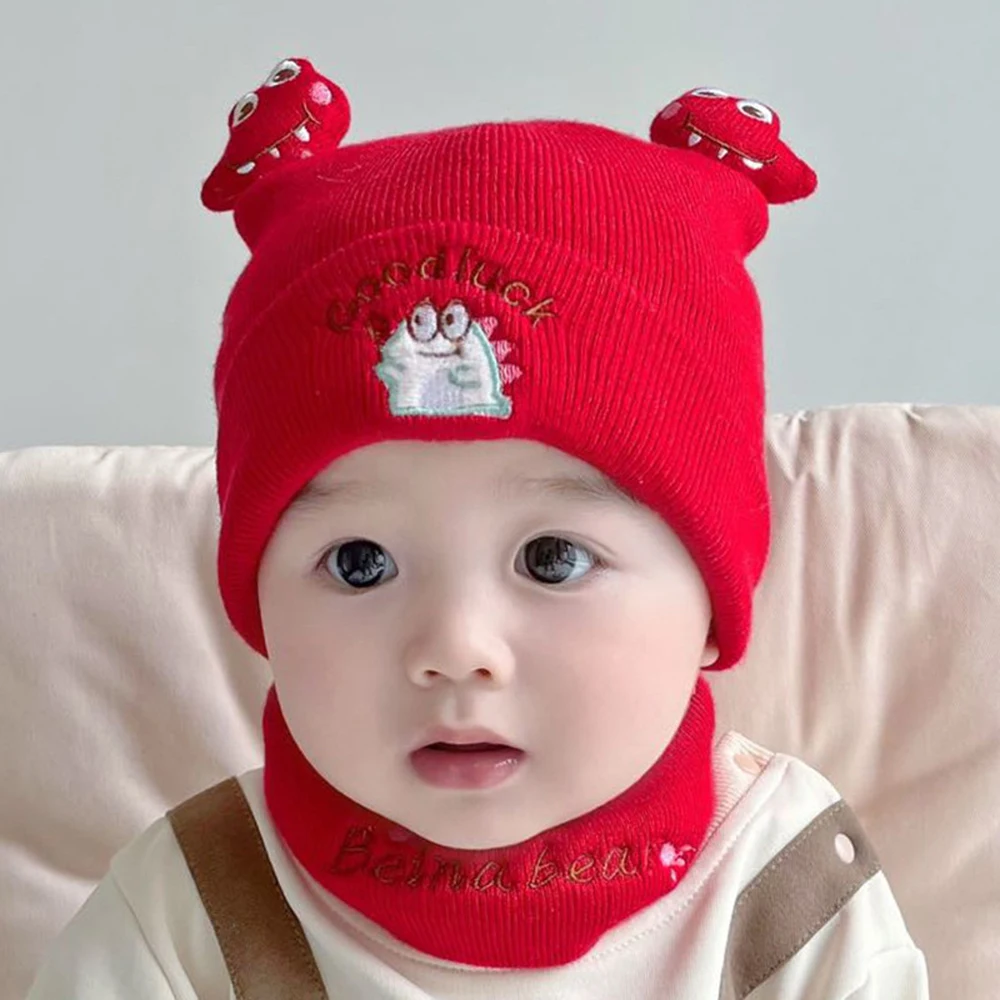 Good Luck Dinosaur Beanies Autumn Winter Boys Girls Baby Hat Cute Wool Knitted Hats Infant Cute Outdoor Windproof Scarf Set