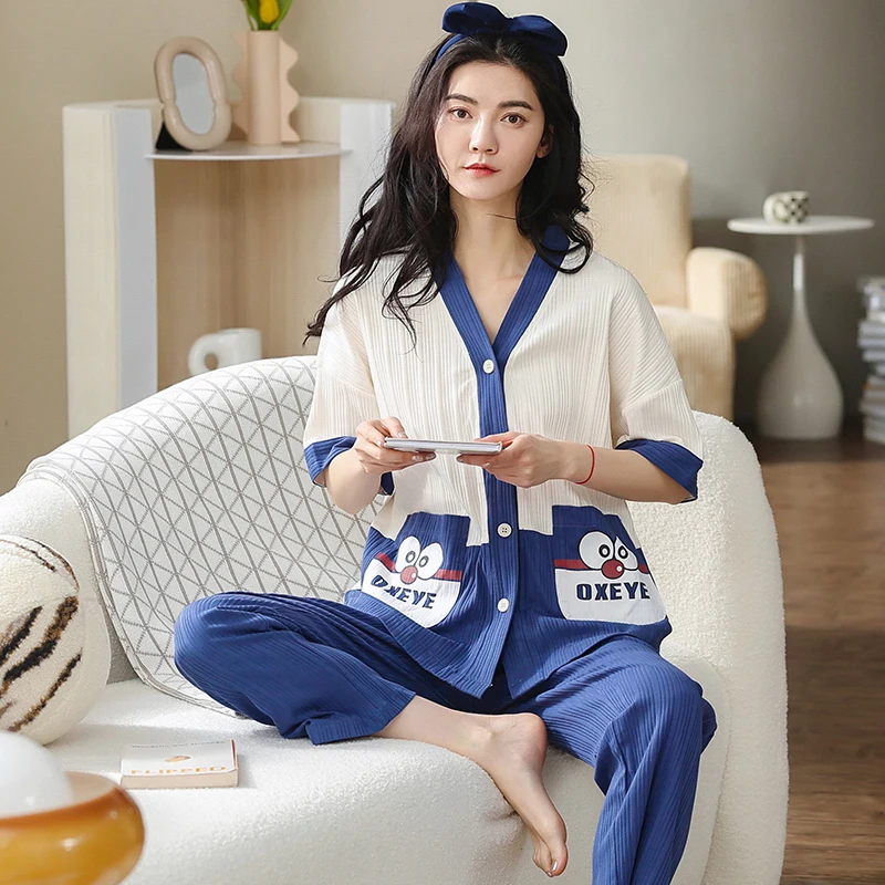 Spring Cotton Home Suit Kimono V Neck Short Sleeves Sleep Tops Trouser Women's Sleepwear Set Female Pajamas Suit outfits night