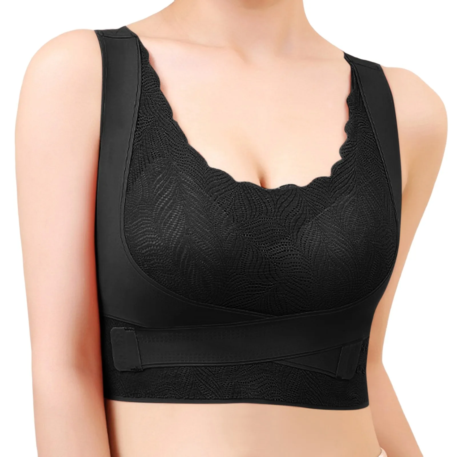 

Women Traceless Lace Side Buckle Gather And Fold Up Side Breast Sports Yoga Tank Top Anti Sagging Back Bra One-piece Sleep Bras