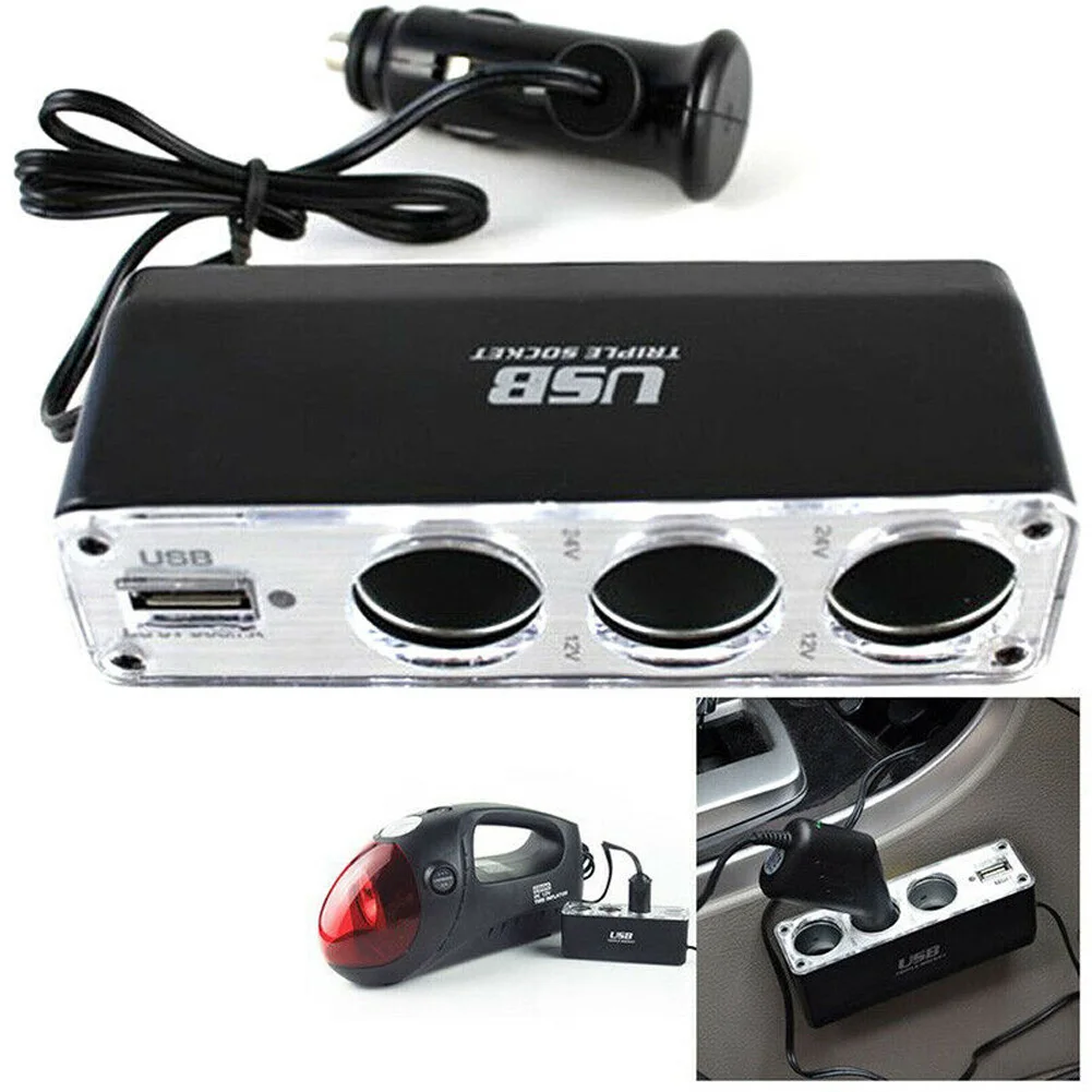 

1pc Car Lighter Adapter Charger Adapter Triple Splitter Lighter Output 12V ABS Black Cigar Lighter Multi Socket USB Port