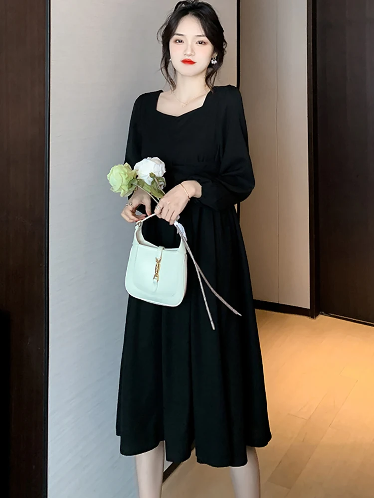 

Women Black Long Sleeve Square Collar Midi Dress Spring Autumn Solid Elegant Bodycon Night Dress 2023 Korean Vintage Party Dress