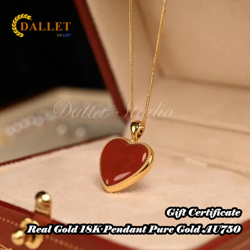 

DALLET 18K Real Gold Women's Necklace Pendant AU750 Natural Onyx Heart Shape Original Design Jewelry Romantic Gift for Ladies