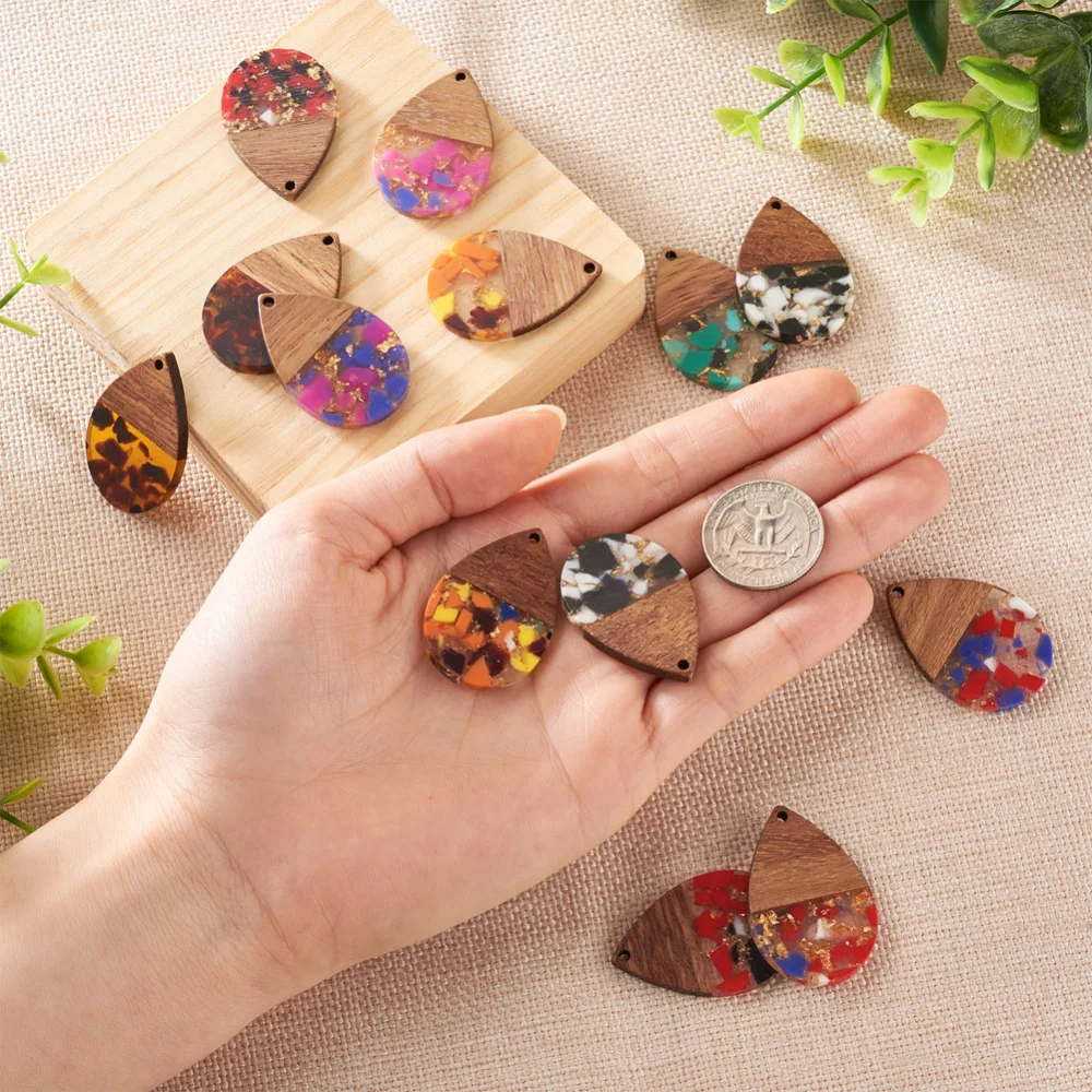 16Pcs Teardrop Resin Wood Charms for Earrings Resin Walnut Wooden Pendants with Foil DIY Jewelry Craft Making Necklace Earrings