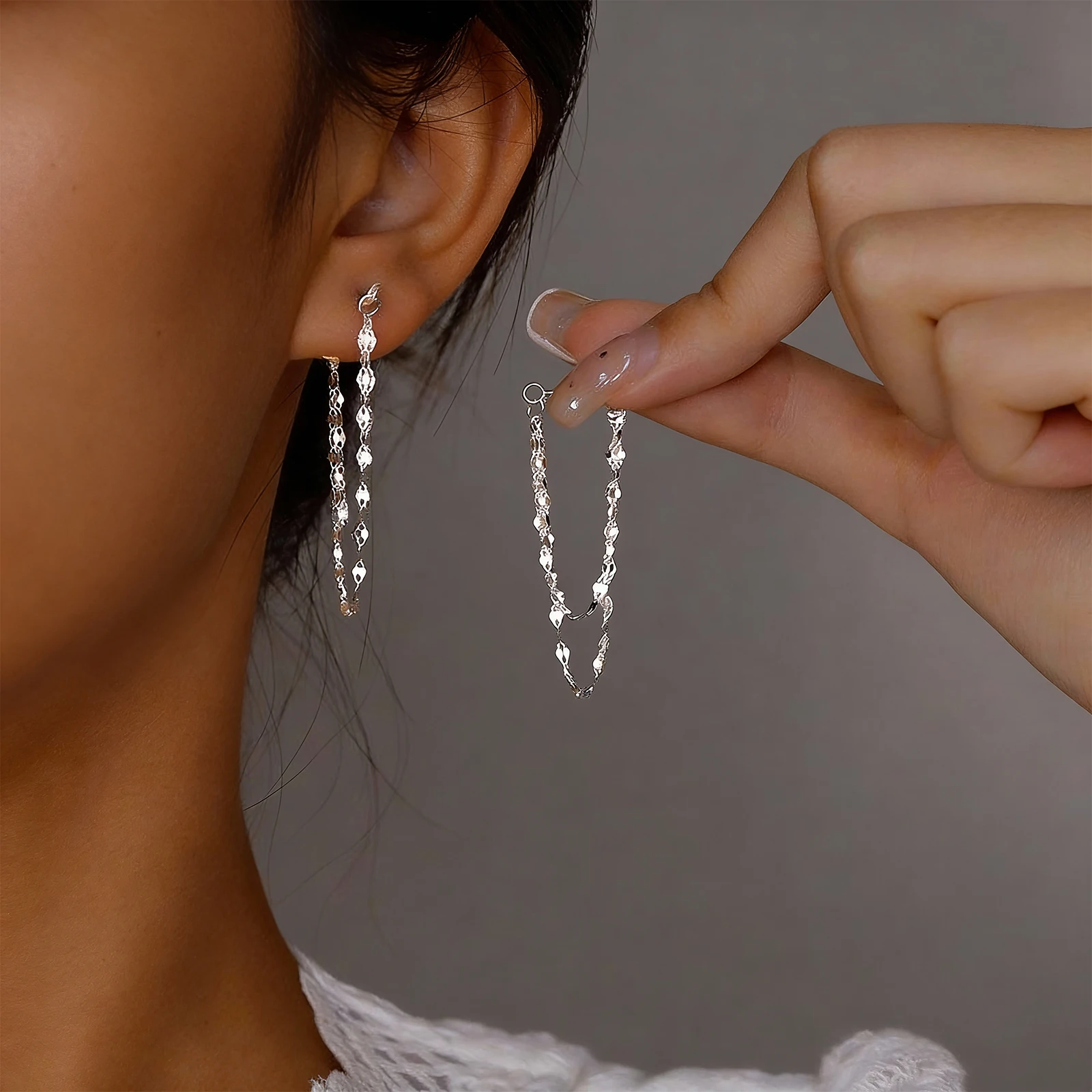 925 Silver designed earrings with double layered tassel chains at the front and back, exquisite earrings and dynamic earrings