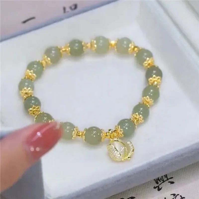 Imitation Hetian Jade Bracelet for Women Ginkgo Tulip Leaves Layered Beaded Charm Bracelets Party Casual Jewelry Gifts Pulsera